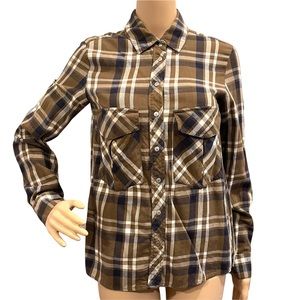 ZARA Flannel Plaid Button Down Shirt Olive Green & Navy Cotton XS